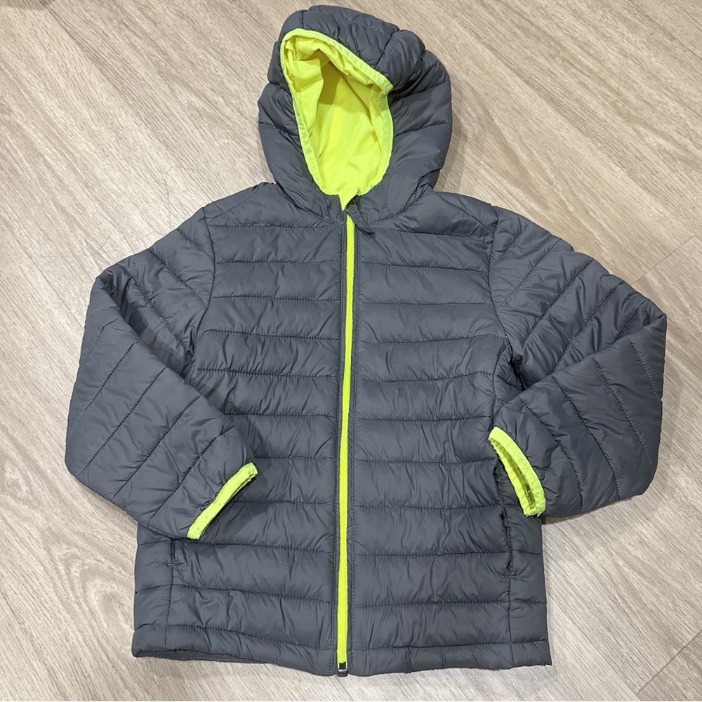 Amazon Essentials Kids Gray and Neon Yellow Puffer Jacket